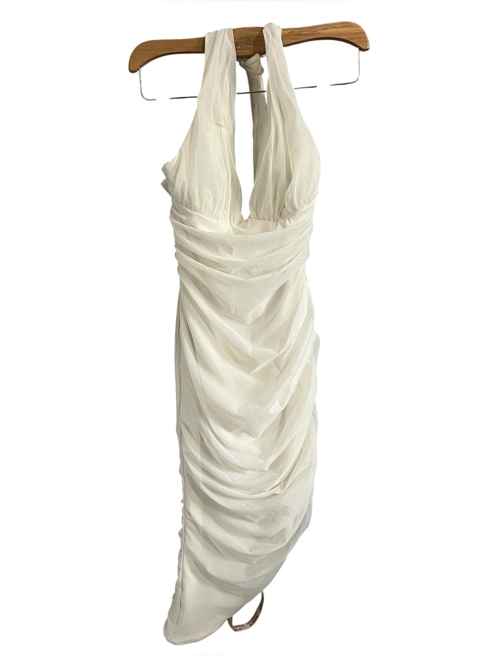 Oh Polly Elegant Cream Halter Ruched Cocktail Dress